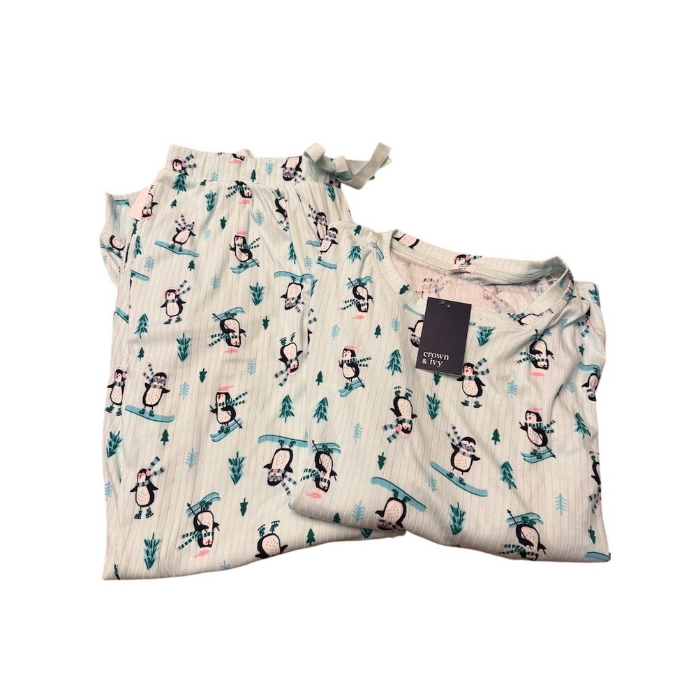 Crown & Ivy Pajama Set Womens XL Blue Winter Penguin Print 2-Piece Stretch